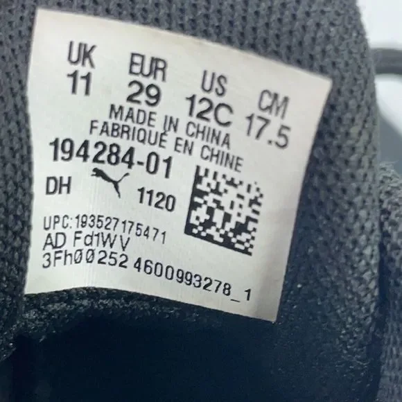 Puma Cell Regulate Black Running Sneakers Kids Size 12 C EU 29194284-01 Shoes